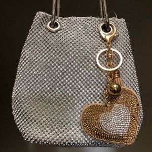 New Silver Bling Mini Stone Party Purse Slinky Straps Festive Puffy Heart Charm